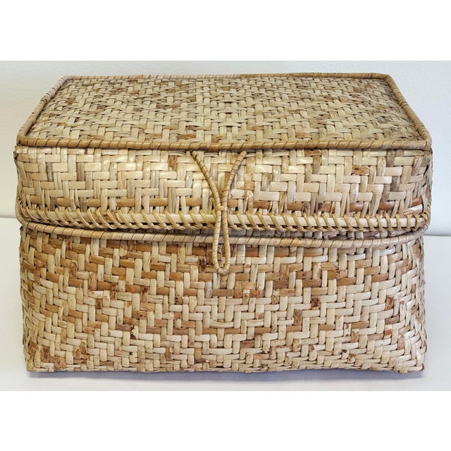 Large Vintage Lidded Storage Basket Age wear. A few minor breaks throughout. See photos.