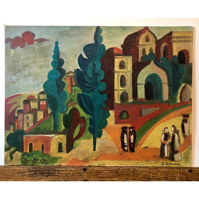 Emmanuel Snitkovsky, Outside the Synagogue Russian Judaica Oil Painting, c.1980s For Sale In Miami - Image 6 of 6