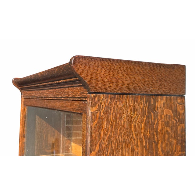 Brown Antique Arts & Crafts Four Section Tiger Oak Lyre Carved Barrister Bookcase For Sale - Image 8 of 11