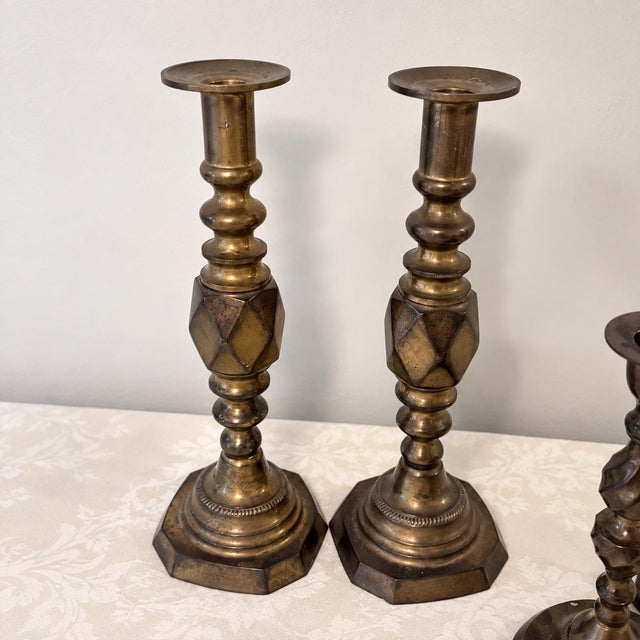 Vintage Variegated Height Brass Candelabra & Candlestick Collection For Sale In Raleigh - Image 6 of 9