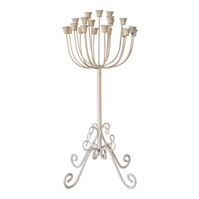 Vintage Sculptural French Country White Metal Candelabra Stand For Sale