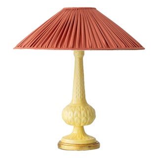 Butter Yellow Ceramic Table Lamp with Pink Silk Pleated Shade from Casa Pupo, Spain, 1960s For Sale