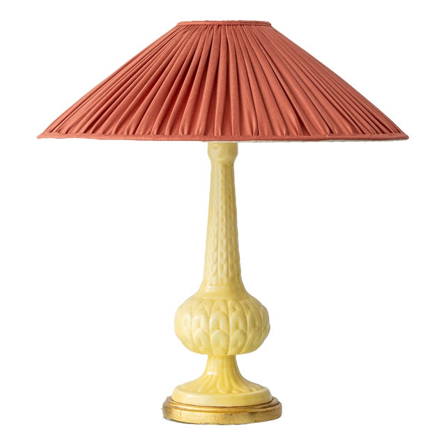 Butter Yellow Ceramic Table Lamp with Pink Silk Pleated Shade from Casa Pupo, Spain, 1960s For Sale