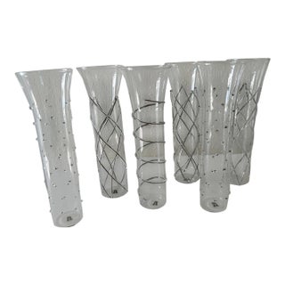 Vintage Hand Blown Abigails Silver Dots Swirl Glass Vases Set of 6 For Sale