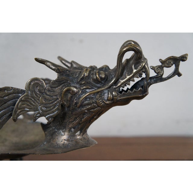 Vintage Bronze Sculptural Chinese Dragon Centerpiece Serving Tray Bowl Compote For Sale - Image 11 of 12