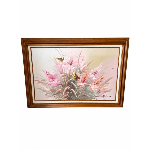 Vintage Signed Pastel Floral & Butterfly Oil Painting in Wood Frame For Sale - Image 4 of 13