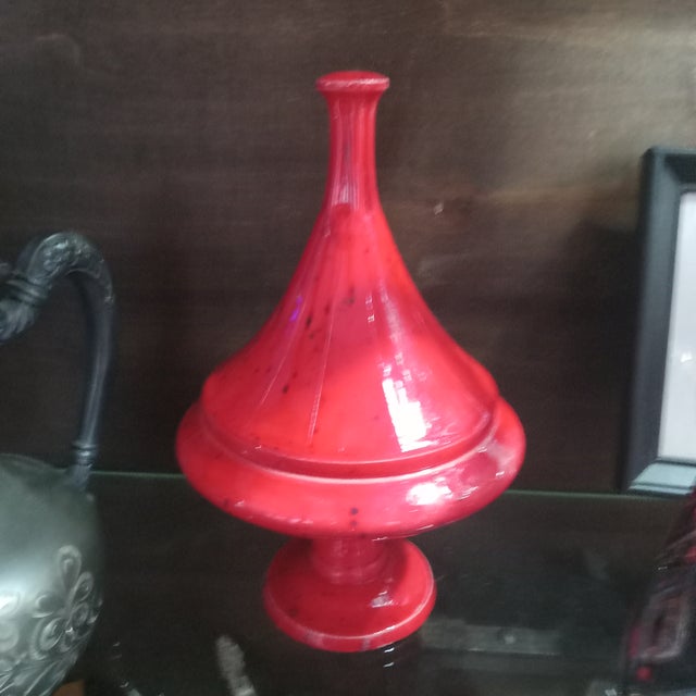 Vintage Hollywood Regency Red Speckled Ceramic Lidded Art Pottery Jar For Sale In Tampa - Image 6 of 6