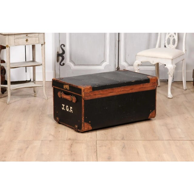 Victorian English Victorian Period 19th Century Black Traveling Trunk With Initials J.G.F. For Sale - Image 3 of 12