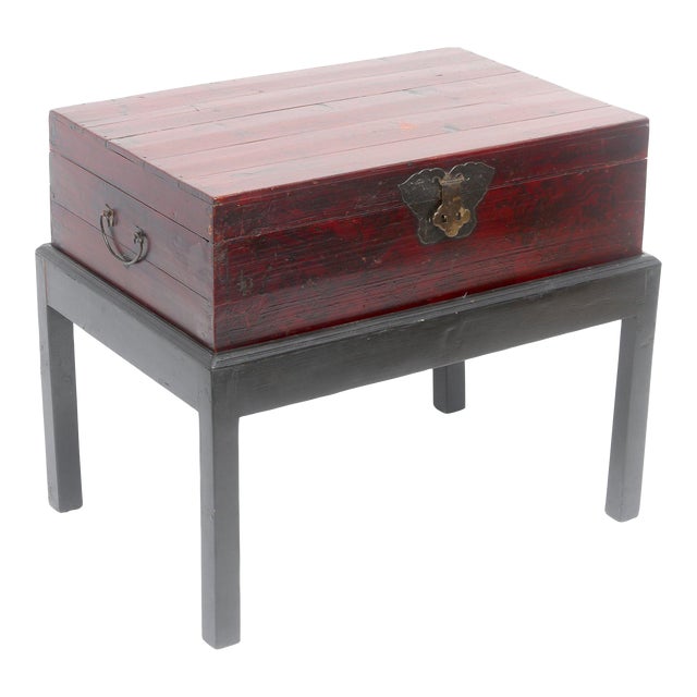 Antique Chinese Red Lacquer Storage Chest on Stand For Sale