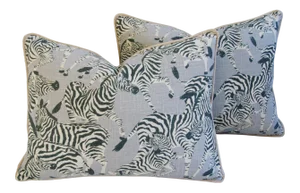 Safari Zebra Linen & Velvet Feather/Down Pillows 24" X 18" - Pair