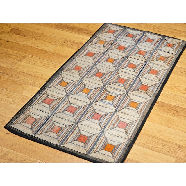 Vintage American Hand Hooked Rug, Wool on Cotton, Allover Geometric Pattern, 28” X 55” For Sale - Image 9 of 10