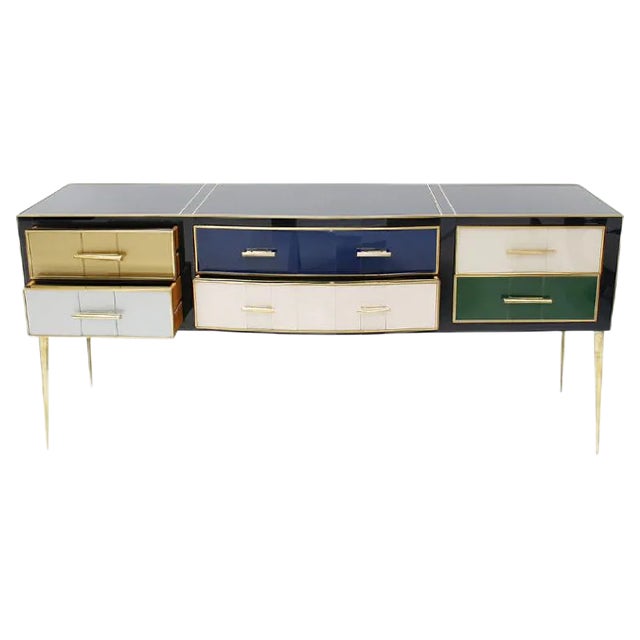 Mid-Century Modern Solid Wood and Colored Glass Sideboard, Italy For Sale