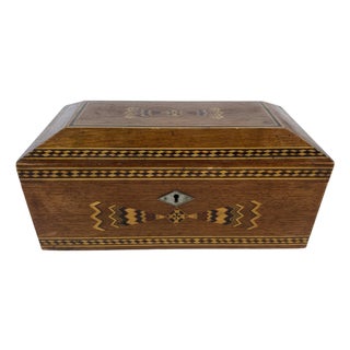 Italian Marquetry Inlaid Wooden Jewelry Box, Geometric Sorrento Style, Mid-20th For Sale