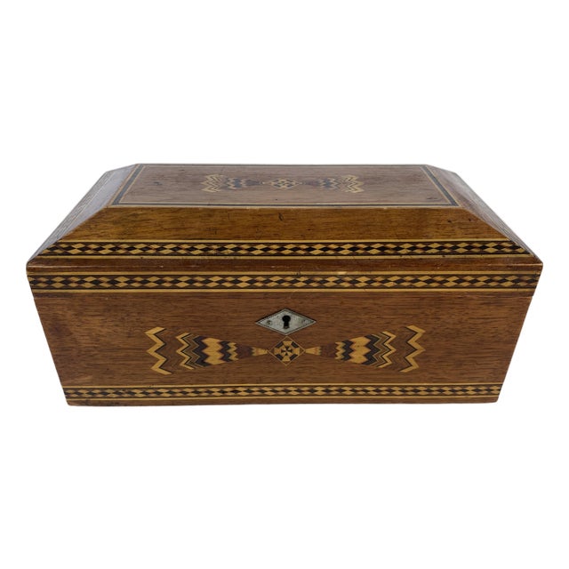 Italian Marquetry Inlaid Wooden Jewelry Box, Geometric Sorrento Style, Mid-20th For Sale