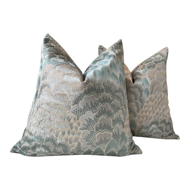Cowtan and Tout “Coromandel” in Aqua Pillows With Plush Down Inserts- a Pair For Sale