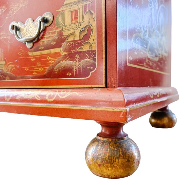 1960s Hollywood Regency Chinoiserie Red Lacquered Hand-Painted Chest of Drawers Attributed To Baker Furniture For Sale - Image 9 of 11