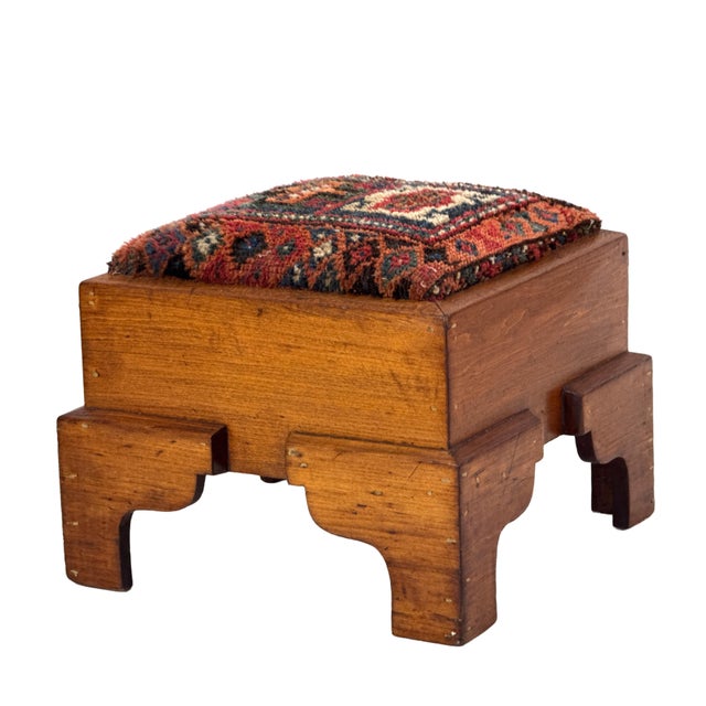 1920s Antique 1920s Handmade Oak Wood Spanish Colonial Revival Arts & Crafts Footstool W/ Hand-Knotted Rug Seat For Sale - Image 5 of 17