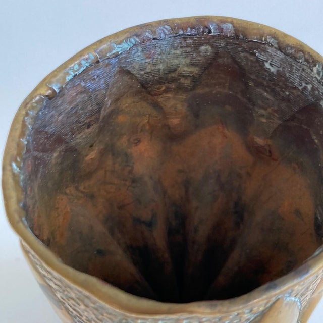 Antique French Metal Trench Art Artillery Shell Vase W/ Incised Geometric Pattern - Brass - Distressed Patina Finish Early 20th Century For Sale In Greenville, SC - Image 6 of 9