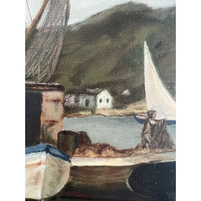 Wood The Red Boat House, Fishing Boats, New England Harbor Painting, Unframed by Reams For Sale - Image 7 of 9