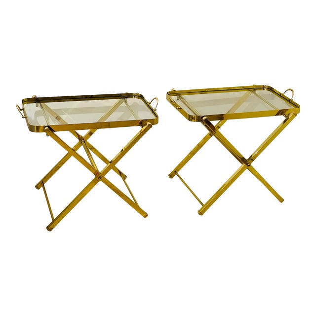 Vintage Collapsible Brass Campaign Table With Removable Handled Tray a Pair For Sale