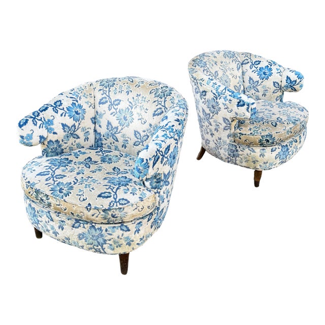 Vintage Barrel-Back Blue Floral Armchair For Sale