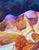 A luminous and atmospheric floral composition titled "Evening Splendor" by Florence Strauss, featuring two fully open...