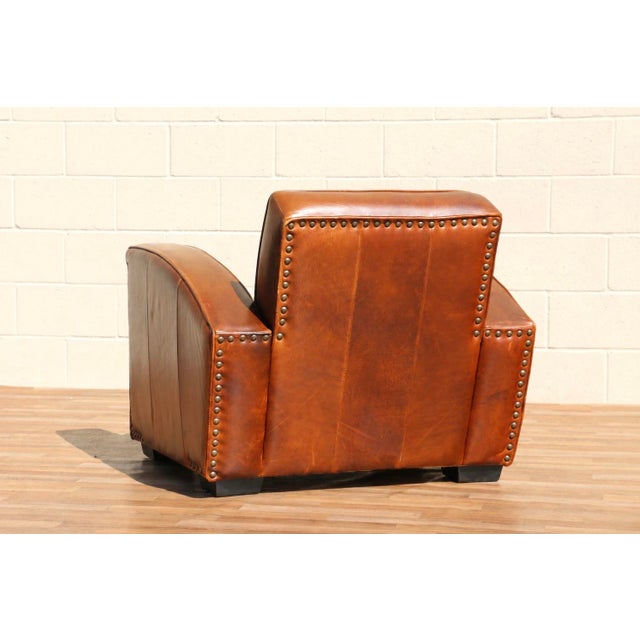 Art Deco Revival Distressed Brown Leather Club Chair & Ottoman, Circa 1980s For Sale - Image 9 of 18