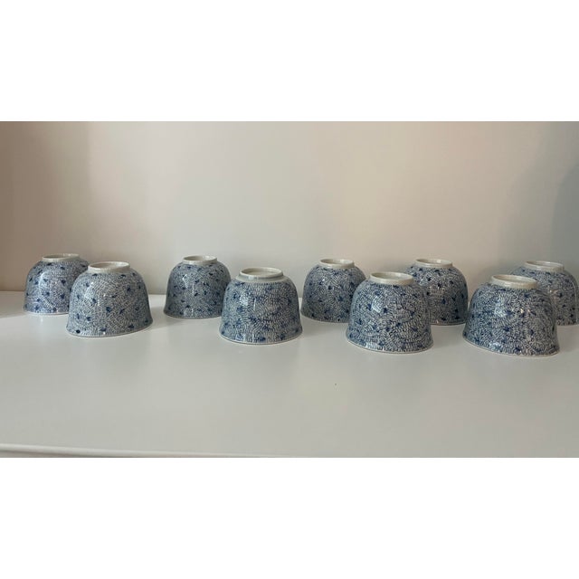 Antique Blue and White Japanese Teacups - Set of 9 - Mizinkarakusa Intricate Designs For Sale - Image 14 of 15