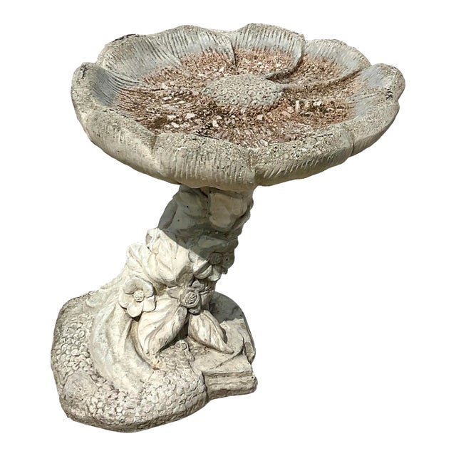 Vintage Boho Cast Concrete Flower Bird Bath For Sale