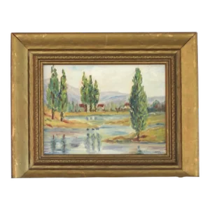 Late 19th Century Impressionist Antique Painting of Cypress Trees in a Gold Frame by Barrickman