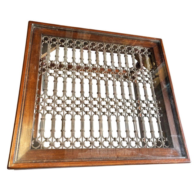 Late 20th Century Anglo-Indian Modern Carved Sheesham Wood, Glass & Iron Window Coffee Table For Sale - Image 5 of 7