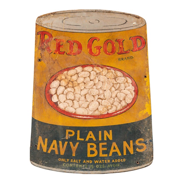 1940s Heavy Painted Steel Red Gold Advertising Sign - Navy Beans For Sale