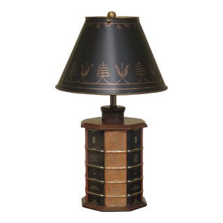 Leather Book Spine Lamp With Toleware Shade For Sale