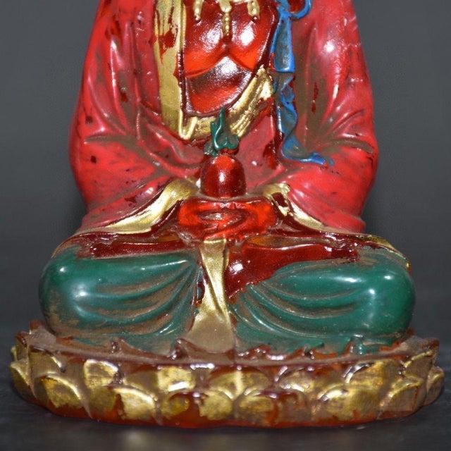 Colored-Glass Buddha Figurine — Seated on Lotus Throne, Red & Gold Robes For Sale In Los Angeles - Image 6 of 9