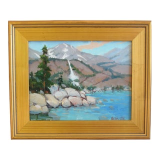 Impressionist Mountain and Lake Landscape by Listed Artist Silvio Silvestri Oil Painting W/ Antiqued Gold Wood Frame For Sale