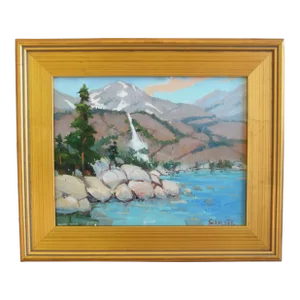 Impressionist Mountain and Lake Landscape by Listed Artist Silvio Silvestri Oil Painting W/ Antiqued Gold Wood Frame