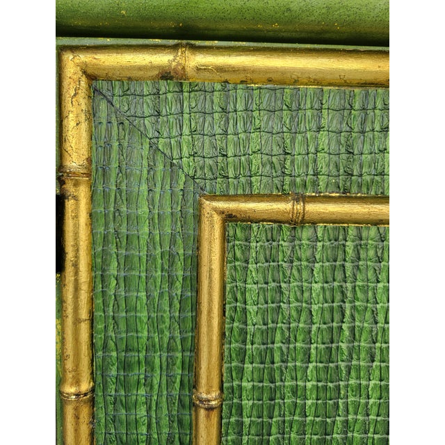 Vintage Customized Painted Green Faux Croc Faux Bamboo Iron Dry Bar Storage Cabinet by Lane For Sale - Image 15 of 18
