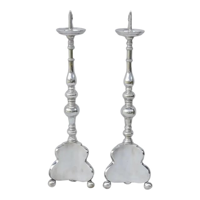 19th Century European Bronze Silver Plated Pricket Sticks Ball feet - A Pair For Sale
