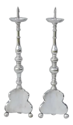 19th Century European Bronze Silver Plated Pricket Sticks Ball feet - A Pair