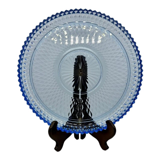Vintage Indiana Glass Company Serving Platter 12 Inches Diamond Point Pattern Ice Blue For Sale