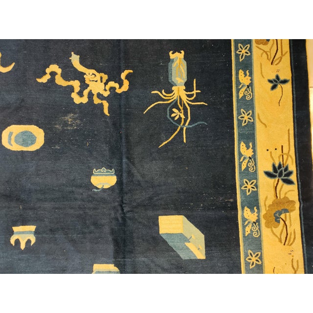 1880s Navy Blue and Tan Chinoiserie Pattern Floral Antique Chinese Peking Rug For Sale - Image 4 of 8