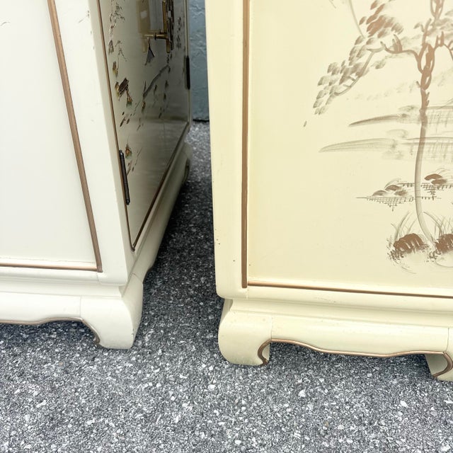 Vintage Chinese Hand Painted Cream and Gold Glass Top Nightstands/Cabinets - A Pair For Sale - Image 10 of 12