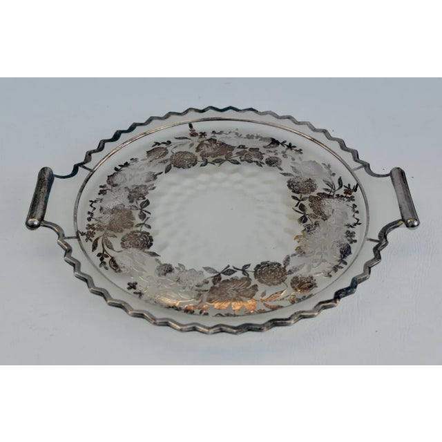 Vintage Round Frosted Art Deco Style Glass Plate W/Silver Overlay & Handles For Sale In Philadelphia - Image 6 of 12