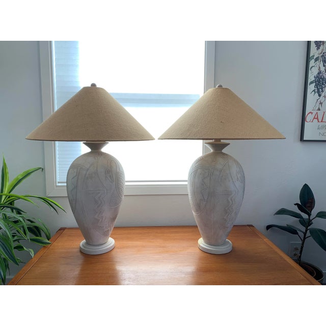1980s Vintage Casual Lamps of California Tribal Bird Abstract White Plaster Lamps- a Pair For Sale - Image 13 of 13