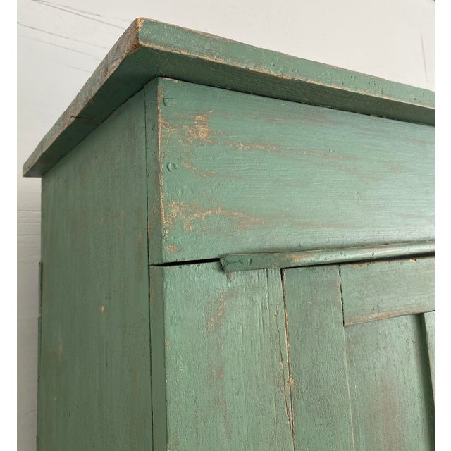 Primitive Painted Green Four Door Cabinet With Original Brass Sliding Lock For Sale - Image 10 of 18