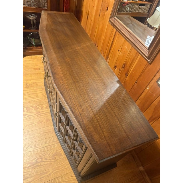 1960s American MCM Walnut Spanish Style Buffet With Pillow Tufted Facade For Sale - Image 9 of 12