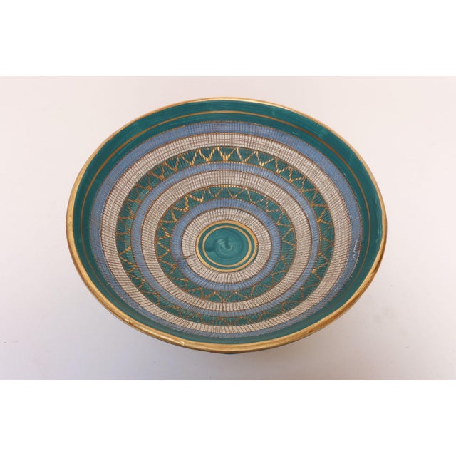 Mid-Century Modern Large Teal and Gilt Ceramic "Seta" Pedestal Bowl by Aldo Londi for Bitossi Italy For Sale - Image 3 of 16