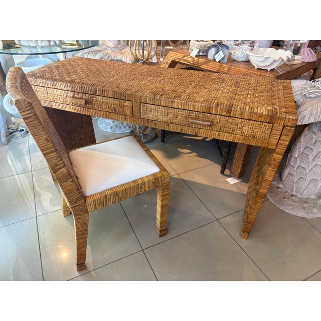 Bielecky Brothers Vintage Coastal Italian Wrapped Woven Rattan Cane Wicker Desk Drawers & Chair For Sale - Image 4 of 12