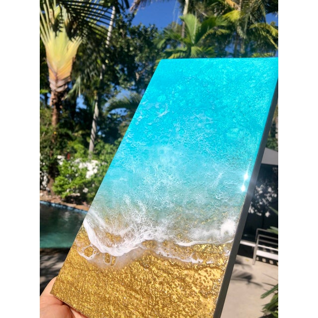 Teal Waves #52 by Ana Hefco | Layered Tinted Resin on Wood Panel Abstract Ocean Waves For Sale - Image 4 of 4