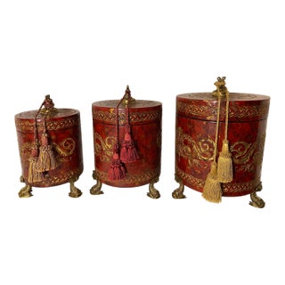 Monumental 14" Graduated Trio of Maitland-Smith Tessellated Stone Canisters - Imperial Red & Gold Leaf For Sale